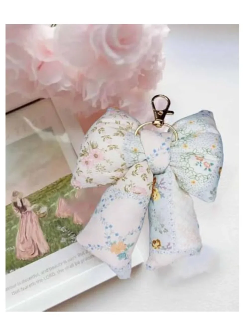 Puffy Bow Keychain Bag Charm Handmade Cotton Keyring Purse Accessory for Women
